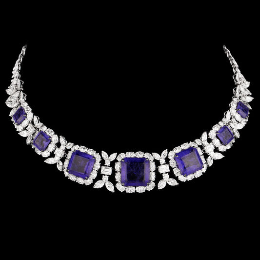 18K White Gold Diamond Necklace - 33.78ct VS-SI-HI with Colour Stones