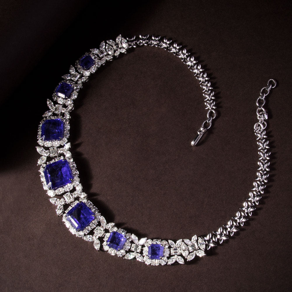 18K White Gold Diamond Necklace - 33.78ct VS-SI-HI with Colour Stones