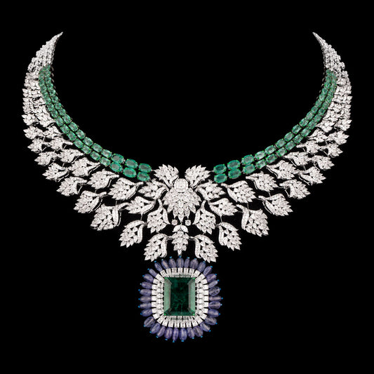 18K White Gold Diamond Necklace - 29.13ct SI2-I1-GH with Colour Stones