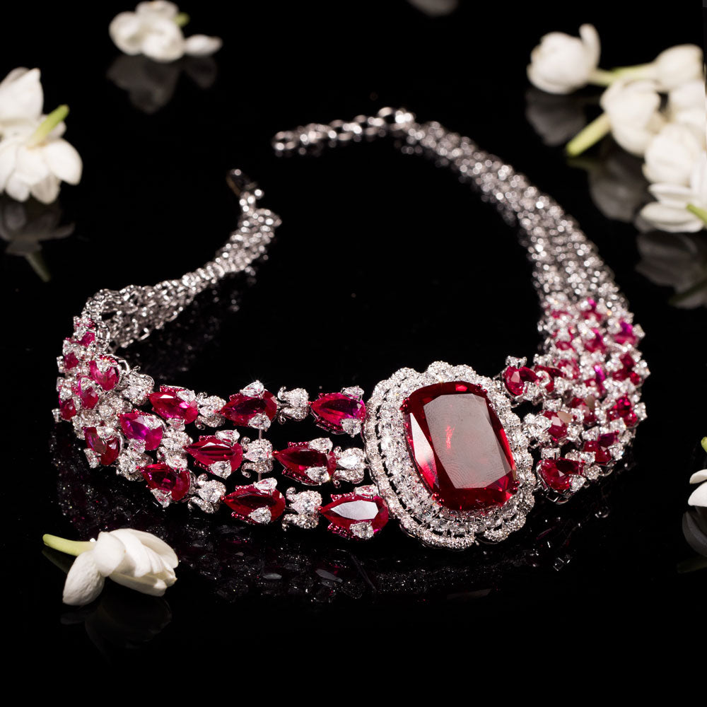 18K White Gold Diamond Necklace - 12.974ct VVS-VS-EF with Colour Stones