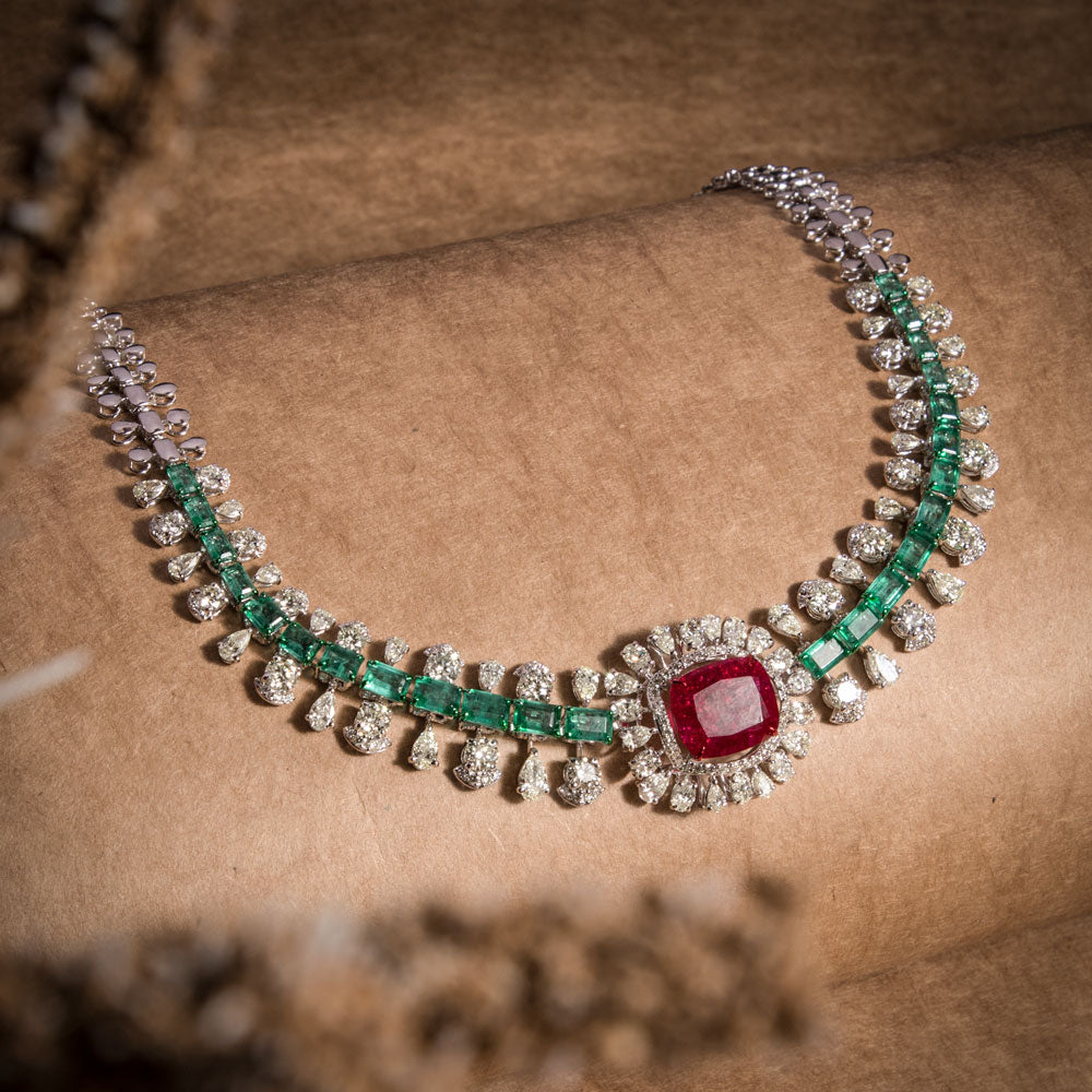 14K White Gold Diamond Necklace - 14.744ct VS-SI-KL with Colour Stones