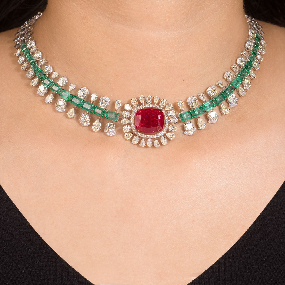 14K White Gold Diamond Necklace - 14.744ct VS-SI-KL with Colour Stones