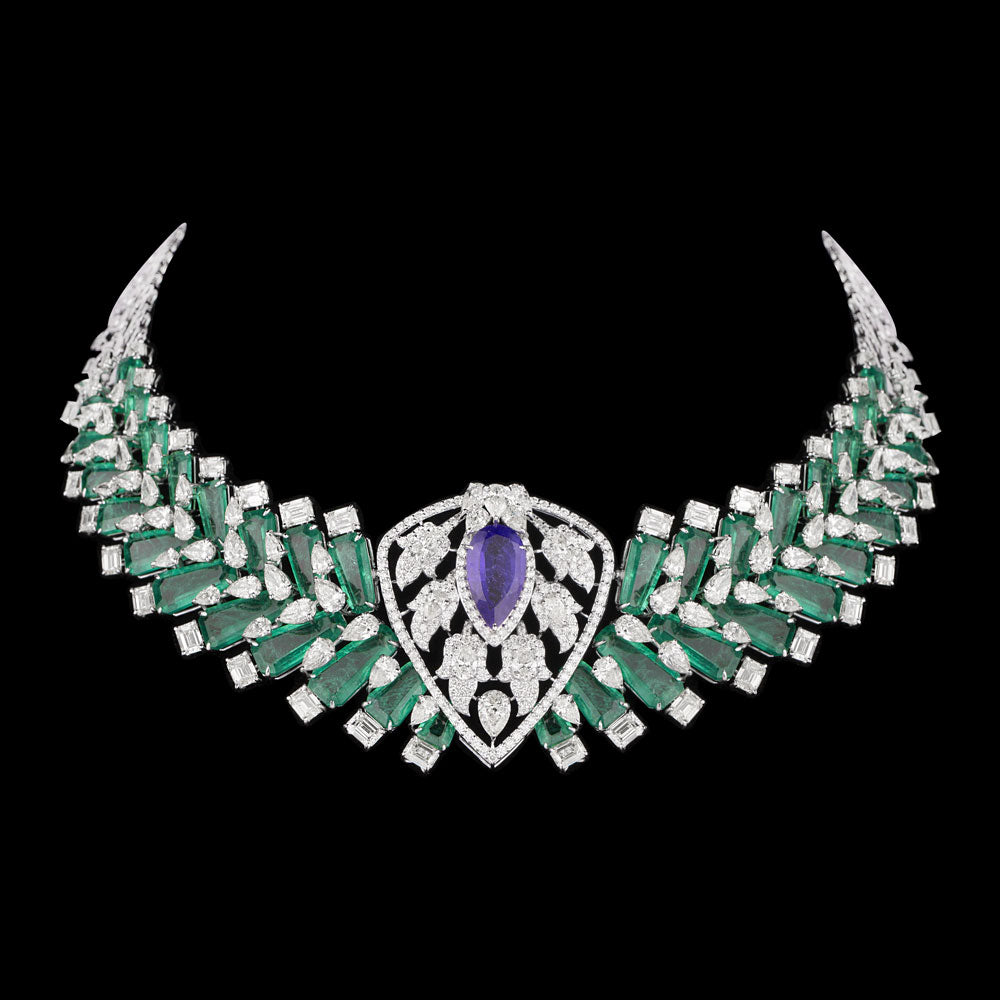 14K White Gold Diamond Necklace - 33.243ct VS-SI-JK with Colour Stones