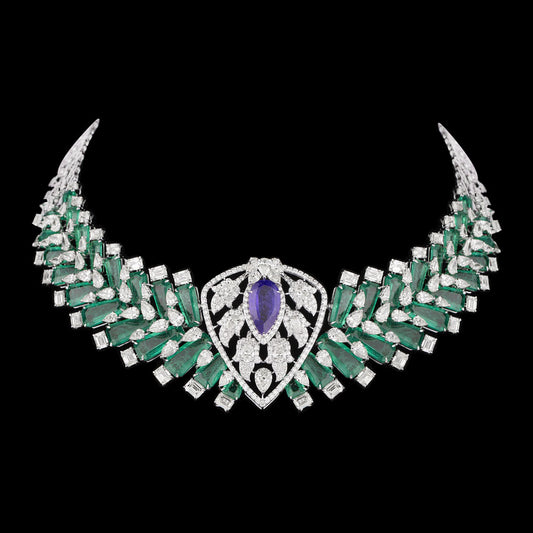 14K White Gold Diamond Necklace - 33.243ct VS-SI-JK with Colour Stones