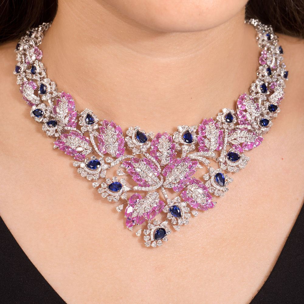 18K White Gold Diamond Necklace - 26.698ct VVS-EF with Colour Stones