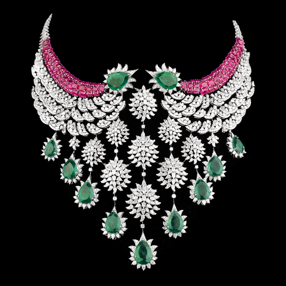 18K White Gold Diamond Necklace - 32.884ct VVS-EF with Colour Stones