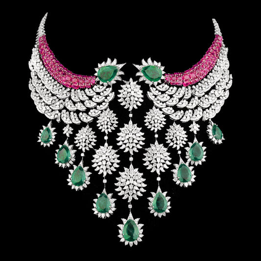 18K White Gold Diamond Necklace - 32.884ct VVS-EF with Colour Stones
