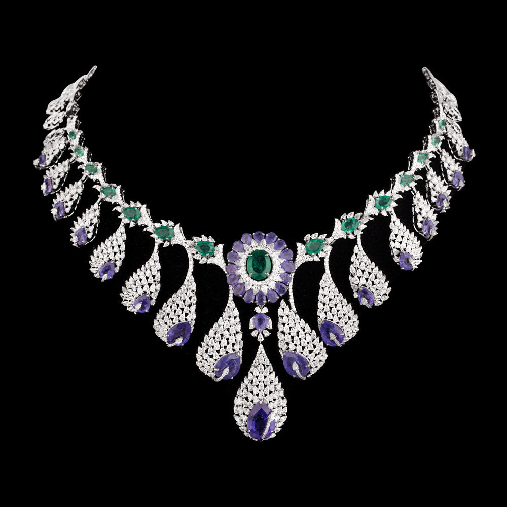 18K White Gold Diamond Necklace - 19.096ct VVS-EF with Colour Stones