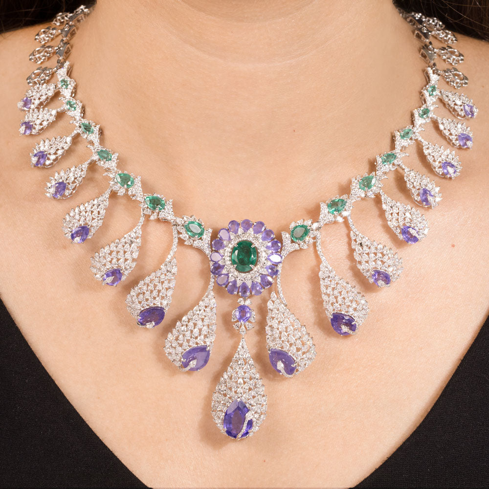 18K White Gold Diamond Necklace - 19.096ct VVS-EF with Colour Stones