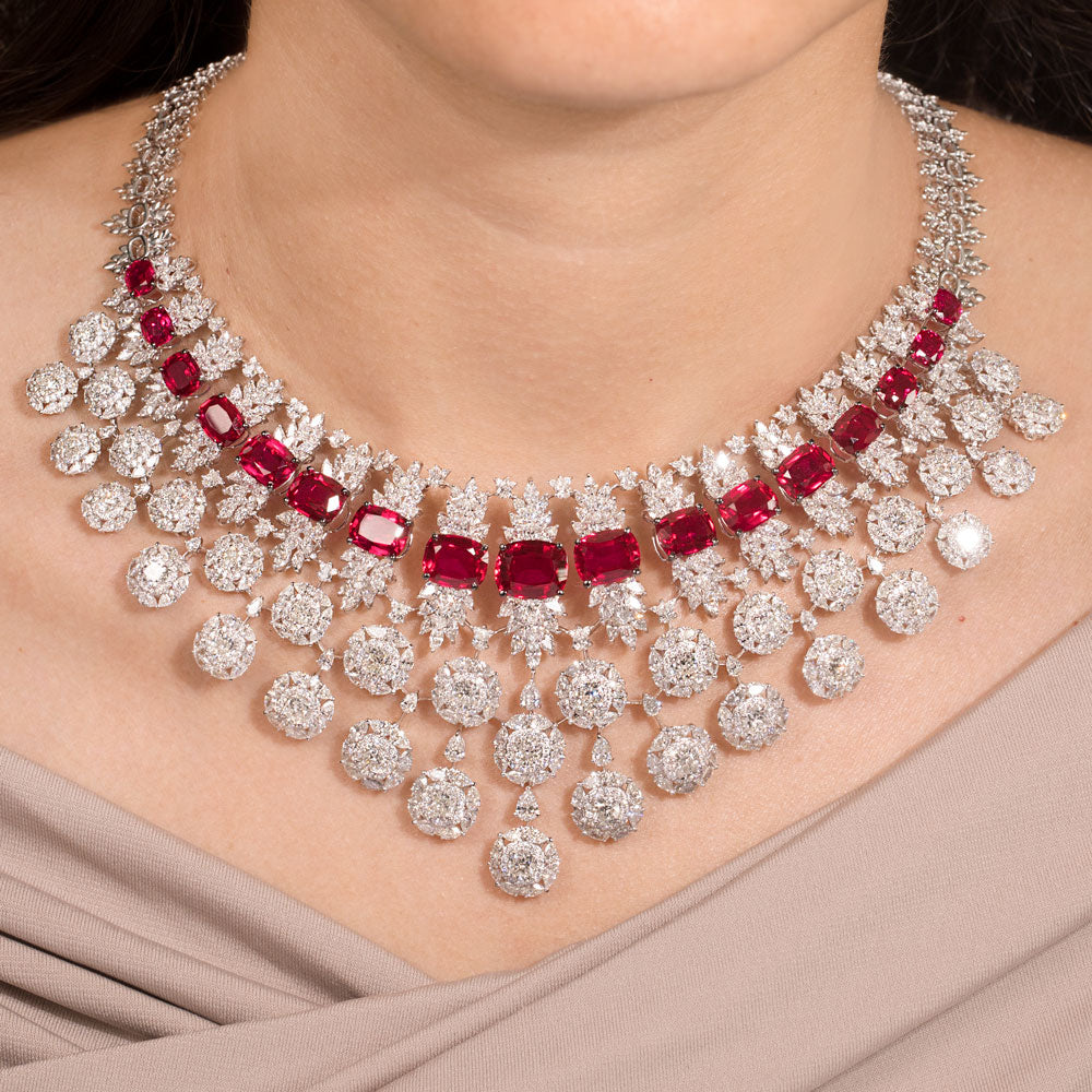 18K White Gold Diamond Necklace - 46.924ct VVS-VS-GH with Colour Stones