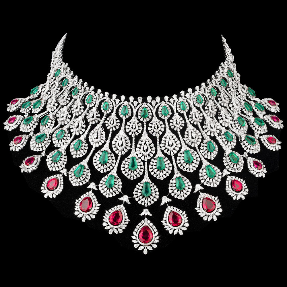 18K White Gold Diamond Necklace - 47.64ct VVS-EF with Colour Stones