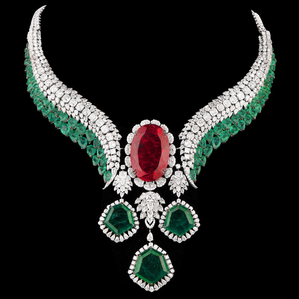 18K White Gold Diamond Necklace - 34.848ct VS-SI-EF with Colour Stones