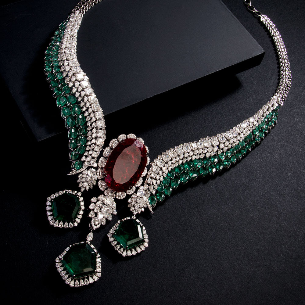 18K White Gold Diamond Necklace - 34.848ct VS-SI-EF with Colour Stones