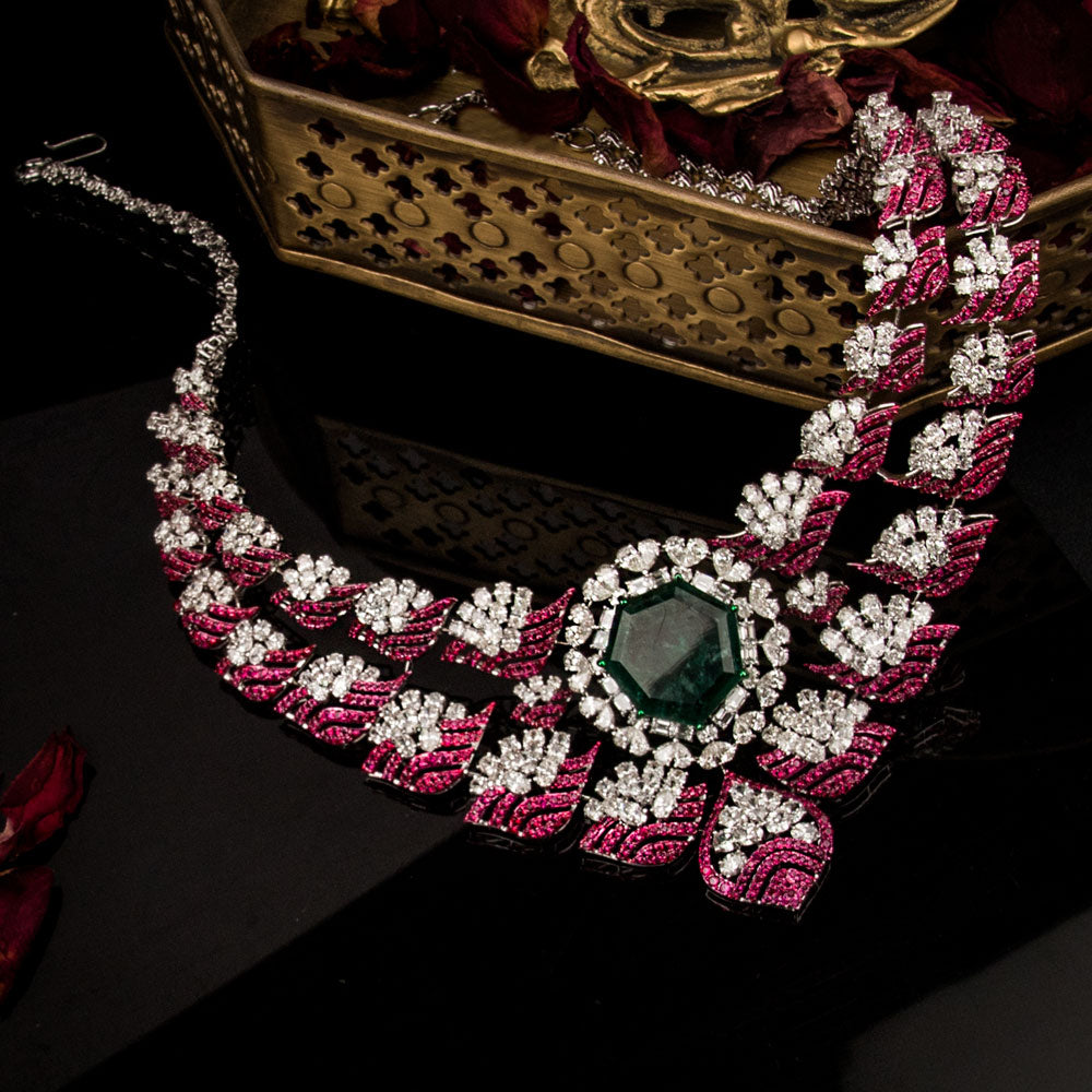 18K White Gold Diamond Necklace - 23.527ct VS-SI-EF with Colour Stones