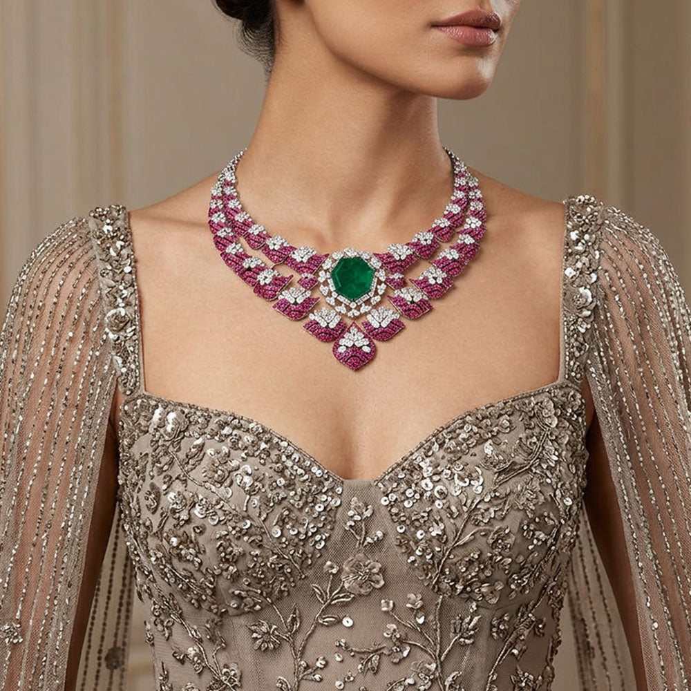 18K White Gold Diamond Necklace - 23.527ct VS-SI-EF with Colour Stones