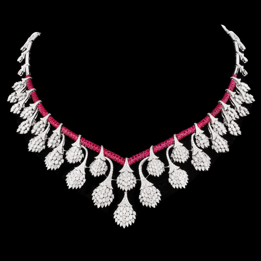 18K White Gold Diamond Necklace - 24.323ct VS-SI-EF with Colour Stones