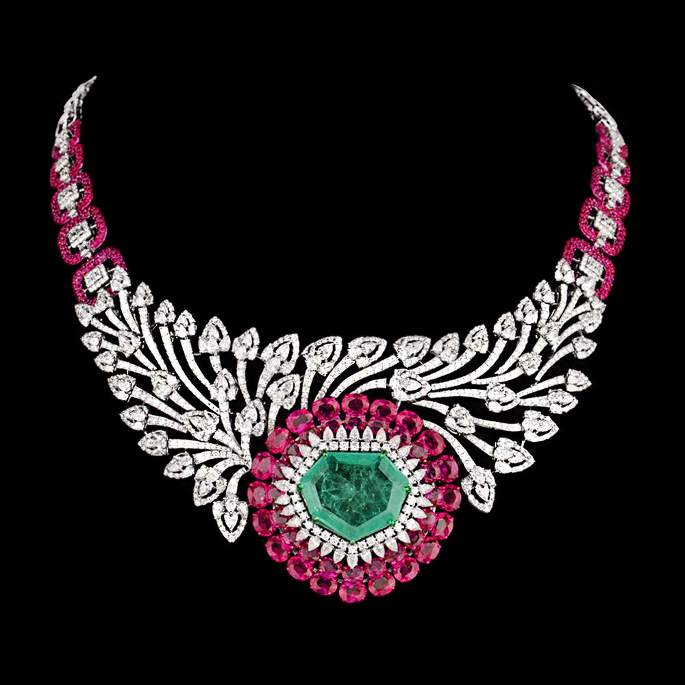 18K White Gold Diamond Necklace - 23.643ct VS-SI-EF with Colour Stones