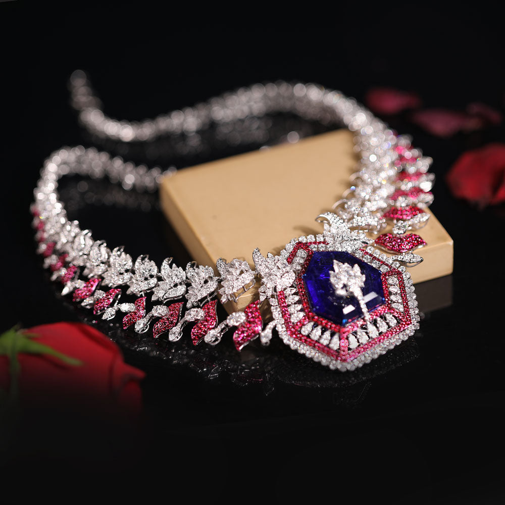 18K White Gold Diamond Necklace - 19.991ct VS-SI-EF with Colour Stones