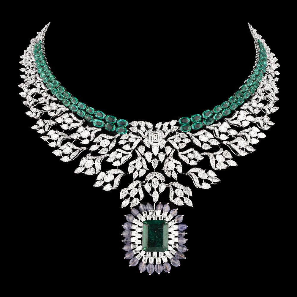 14K White Gold Diamond Necklace - 38.339ct VS-SI-GH with Colour Stones