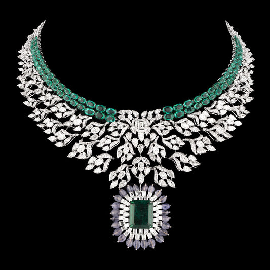 14K White Gold Diamond Necklace - 38.339ct VS-SI-GH with Colour Stones