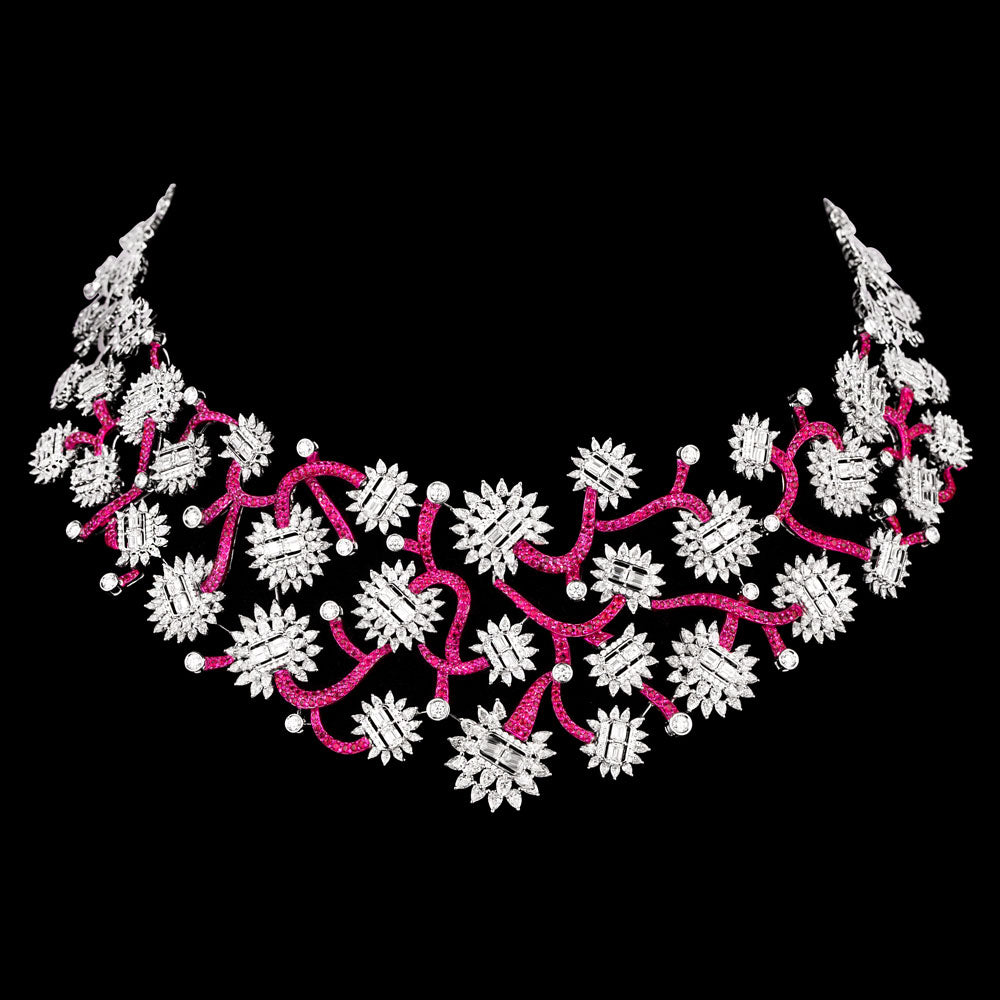 18K White Gold Diamond Necklace - 25.028ct VVS-FG with Colour Stones