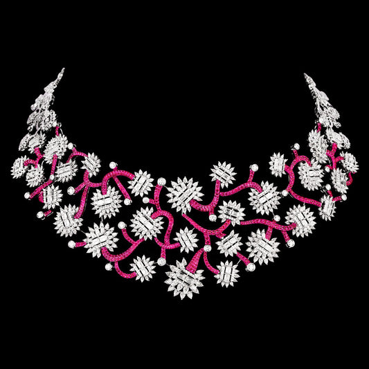 18K White Gold Diamond Necklace - 25.028ct VVS-FG with Colour Stones