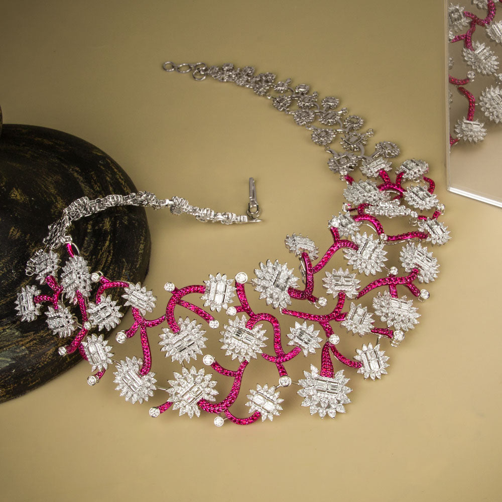 18K White Gold Diamond Necklace - 25.028ct VVS-FG with Colour Stones