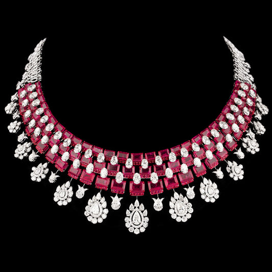 14K White Gold Diamond Necklace - 31.847ct VVS-VS-HI with Colour Stones