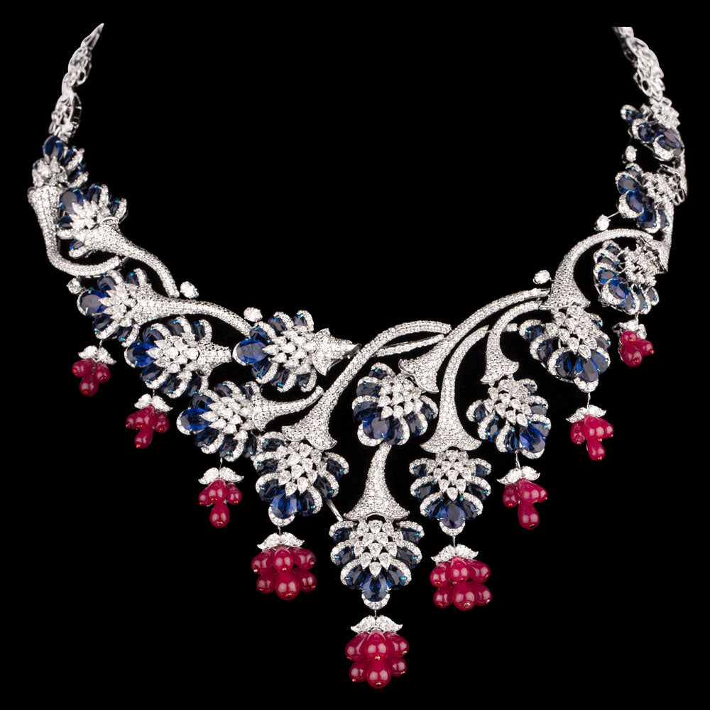 18K White Gold Diamond Necklace - 21.787ct VVS-VS-EF with Colour Stones