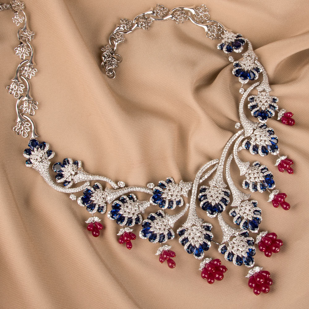 18K White Gold Diamond Necklace - 21.787ct VVS-VS-EF with Colour Stones