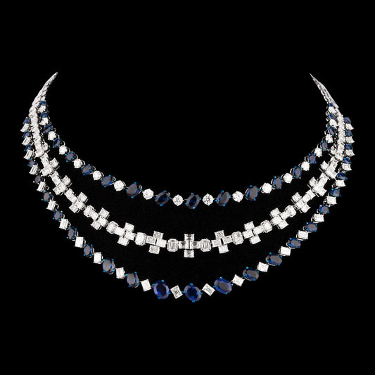 18K White Gold Diamond Necklace - 30.52ct VVS-VS-HI with Colour Stones