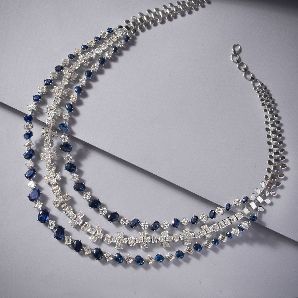 18K White Gold Diamond Necklace - 30.52ct VVS-VS-HI with Colour Stones