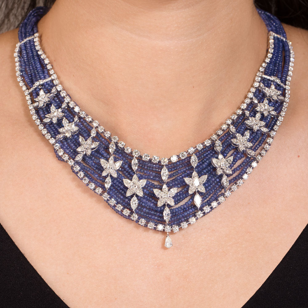 14K White Gold Diamond Necklace - 21.314ct VS-SI-HI with Colour Stones