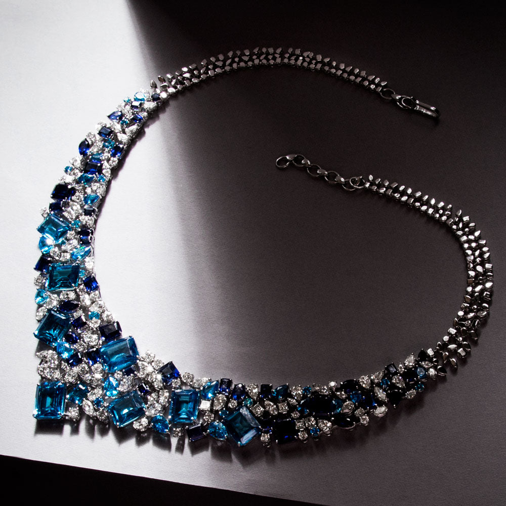 18K White Gold Diamond Necklace - 16.19ct VVS-VS-HI with Colour Stones