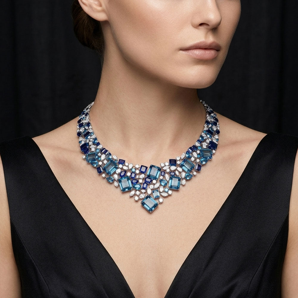 18K White Gold Diamond Necklace - 16.19ct VVS-VS-HI with Colour Stones