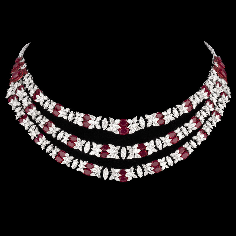 18K White Gold Diamond Necklace - 33.76ct VVS-VS-JK with Colour Stones