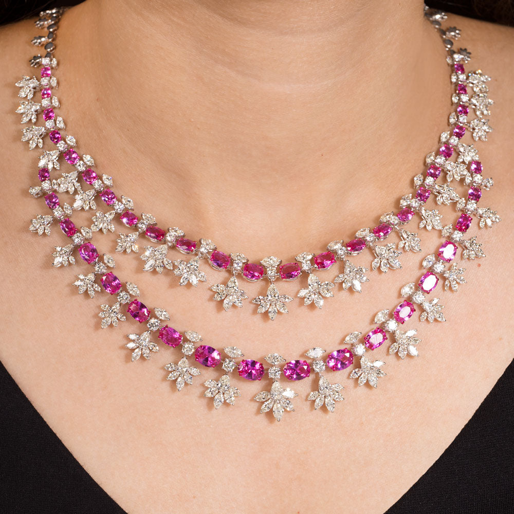 18K White Gold Diamond Necklace - 27.614ct VVS-VS-IJ with Colour Stones