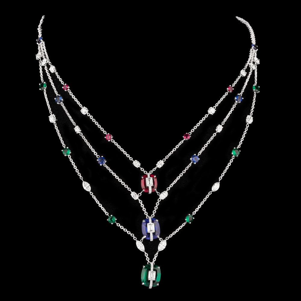 18K White Gold Diamond Necklace - 9.977ct VVS-VS-GH with Colour Stones