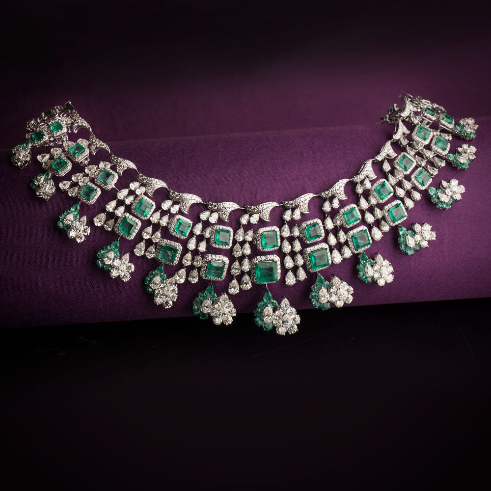 18K White Gold Diamond Necklace - 38.551ct VS-SI-HI with Colour Stones
