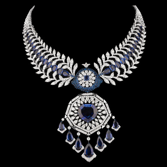 18K White Gold Diamond Necklace - 34.51ct VVS-VS-KL with Colour Stones