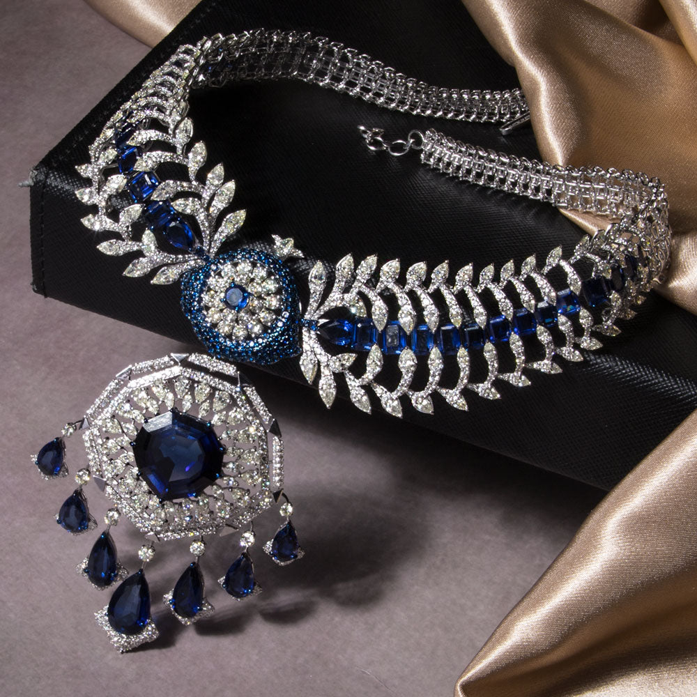 18K White Gold Diamond Necklace - 34.51ct VVS-VS-KL with Colour Stones