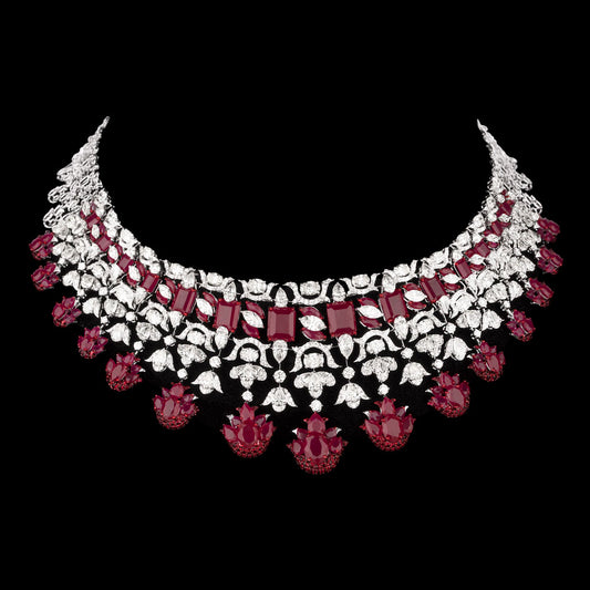 18K White Gold Diamond Necklace - 34.339ct VVS-VS-IJ with Colour Stones