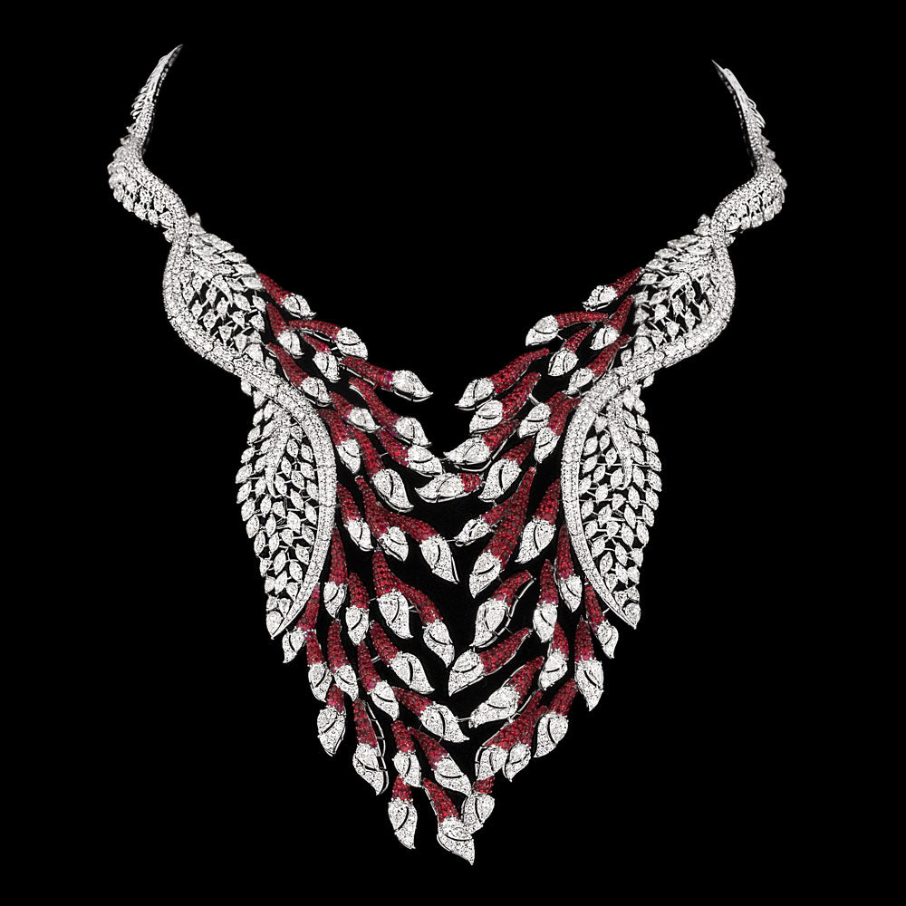 14K White Gold Diamond Necklace - 43.22ct VVS-VS-JK with Colour Stones