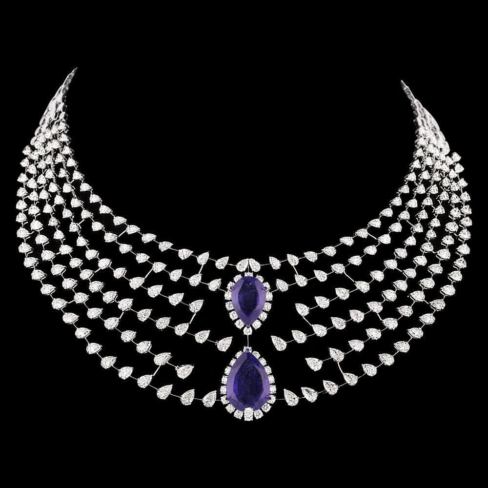14K White Gold Diamond Necklace - 41.435ct VVS-VS-JK with Colour Stones