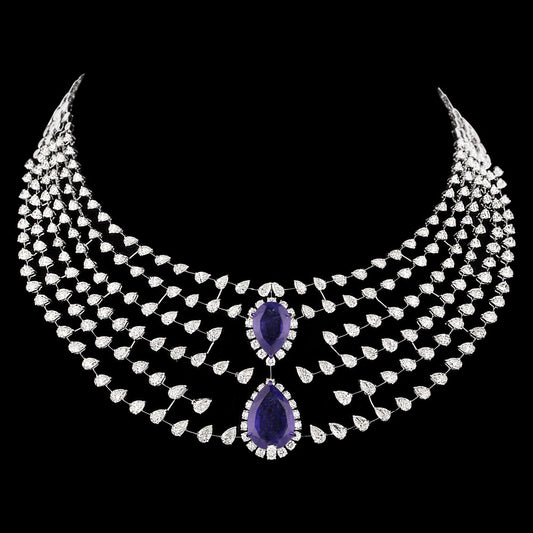 14K White Gold Diamond Necklace - 41.435ct VVS-VS-JK with Colour Stones