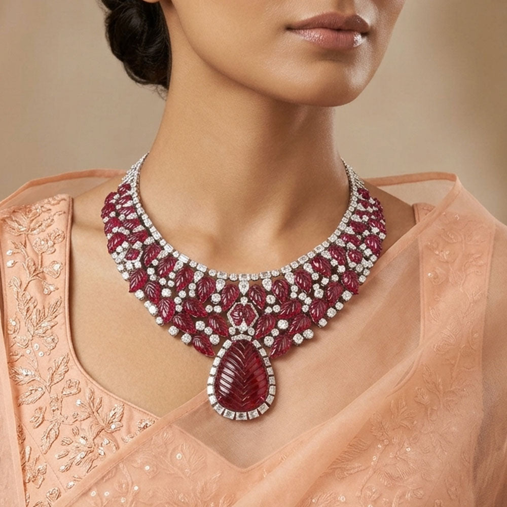 14K White Gold Diamond Necklace - 35.48ct VS-SI-JK with Colour Stones