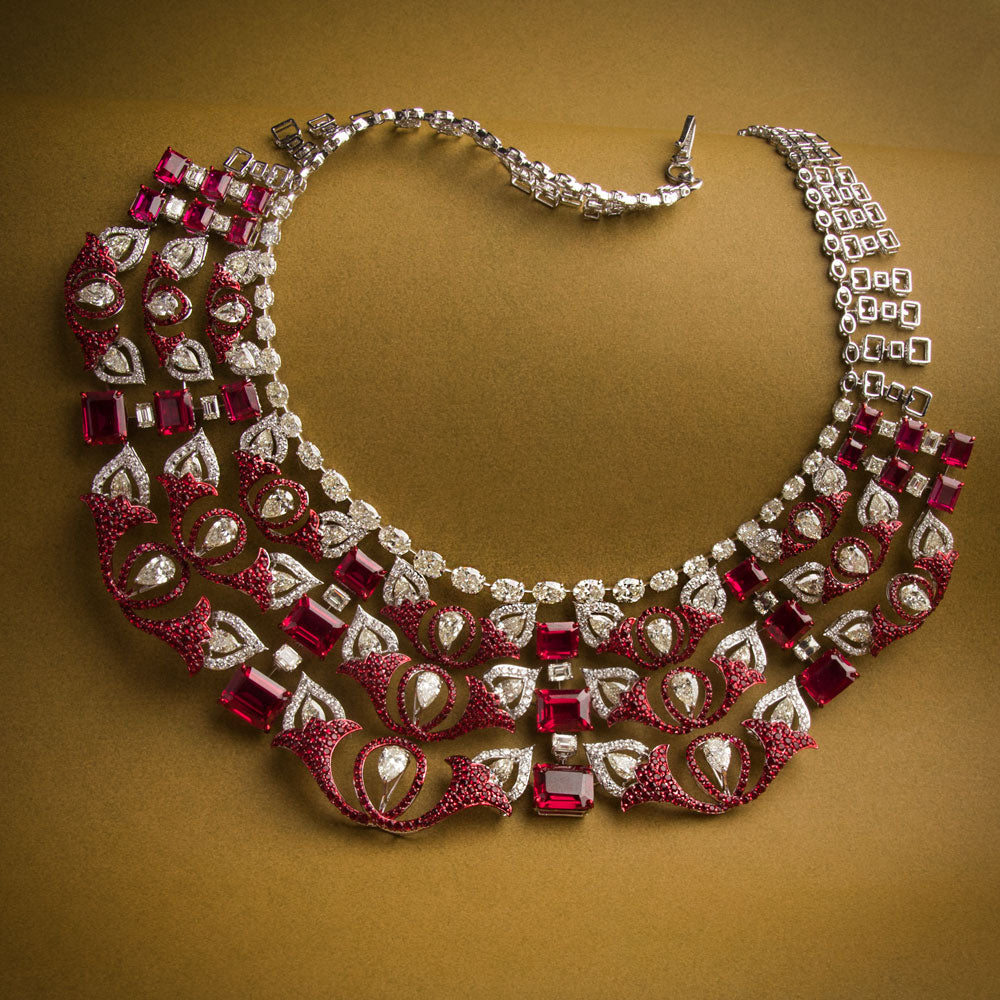 14K White Gold Diamond Necklace - 35.184ct VVS-VS-IJ with Colour Stones