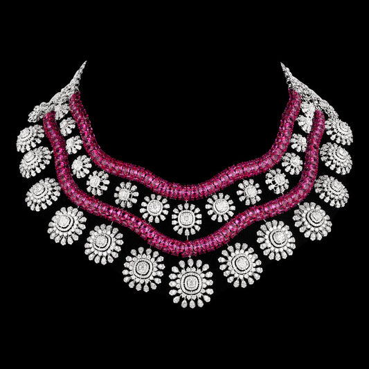 18K White Gold Diamond Necklace - 39.427ct VVS-VS-EF with Colour Stones