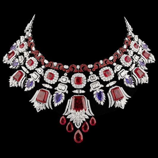 14K White Gold Diamond Necklace - 61.472ct VVS-VS-JK with Colour Stones