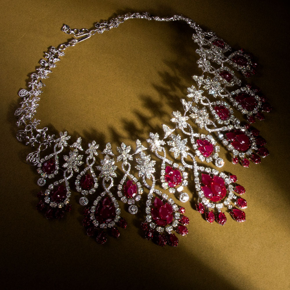 14K White Gold Diamond Necklace - 49.78ct VVS-VS-IJ with Colour Stones